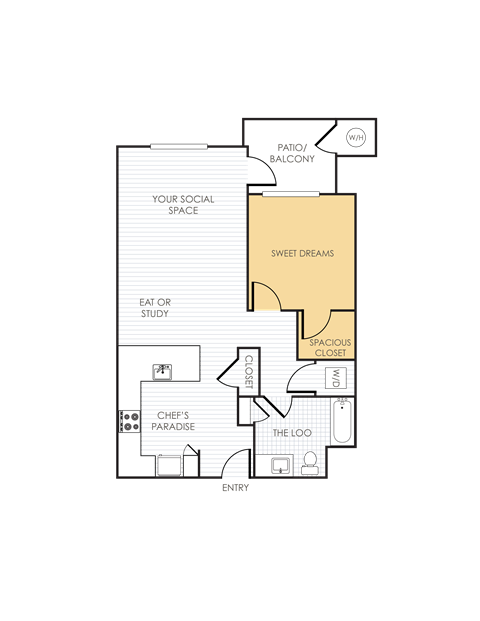 Floor plan for 1 bed, 1 bath, 838 sqft